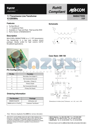 MABACT0056 datasheet - 1:1 Transmission Line Transformer 4.5-2000MHz