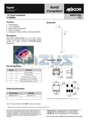 MABACT0063 datasheet - 1.5:1 Auto Transformer 5-1000MHz