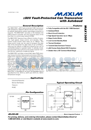 MAX13051ASA datasheet - a80V Fault-Protected Can Transceiver with Autobaud