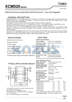 XCM520AB01DR-G datasheet - 600mA Synchronous Step-Down DC/DC Converter  Dual LDO Regulator