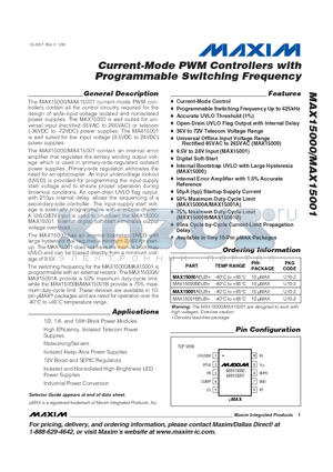 MAX15001 datasheet - Current-Mode PWM Controllers with Programmable Switching Frequency