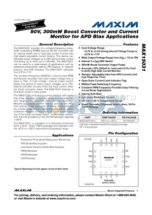 MAX15031 datasheet - 80V, 300mW Boost Converter and Current Monitor for APD Bias Applications