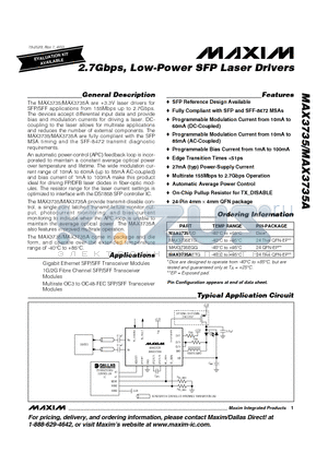 MAX3735EGG datasheet - 2.7Gbps, Low-Power SFP Laser Drivers