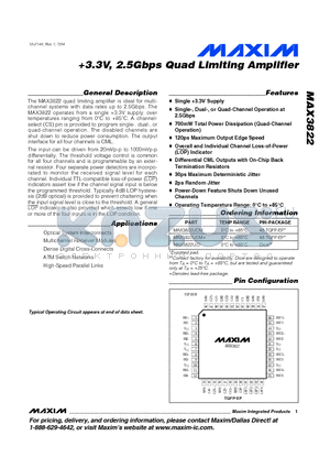 MAX3822D datasheet - 3.3V, 2.5Gbps Quad Limiting Amplifier