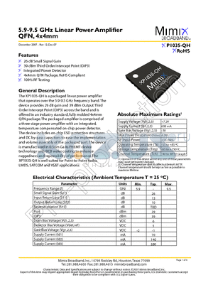 XP1035-QH-0G0T datasheet - 5.9-9.5 GHz Linear Power Amplifier QFN, 4x4mm