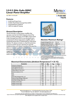 XP1035-BD datasheet - 5.9-9.5 GHz GaAs MMIC