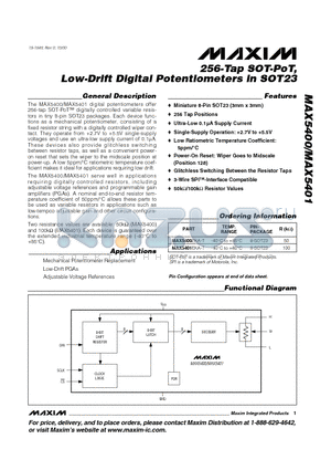 MAX5400 datasheet - 256-Tap SOT-PoT, Low-Drift Digital Potentiometers in SOT23