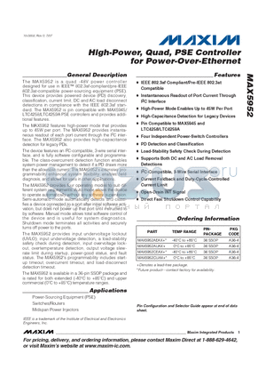 MAX5952CEAX+ datasheet - High-Power, Quad, PSE Controller for Power-Over-Ethernet