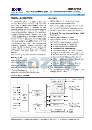 XR16V794IV datasheet - HIGH PERFORMANCE 2.25V TO 3.6V QUAD UART WITH FRACTIONAL