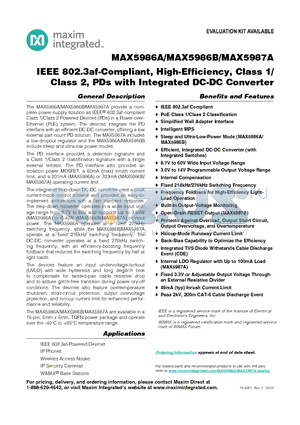 MAX5986BETE+ datasheet - IEEE 802.3af-Compliant, High-Efficiency, Class 1/Class 2, PDs with Integrated DC-DC Converter
