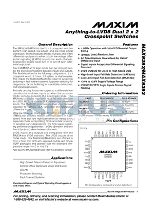 MAX9392ETJ datasheet - Anything-to-LVDS Dual 2 x 2 Crosspoint Switches