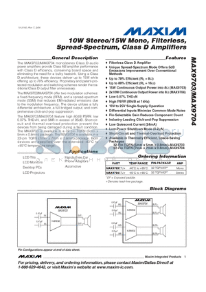 MAX9703 datasheet - 10W Stereo/15W Mono, Filterless, Spread-Spectrum, Class D Amplifiers