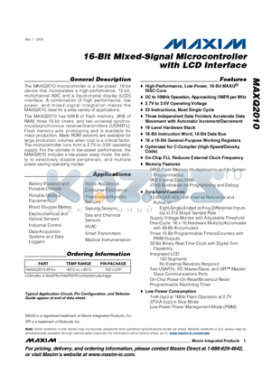MAXQ2010 datasheet - 16-Bit Mixed-Signal Microcontroller with LCD Interface
