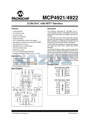 MCP4921T-E/SL datasheet - 12-Bit DAC with SPI Interface