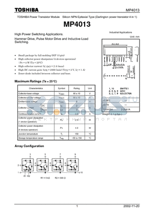 MP4013 datasheet - High Power Switching Applications. Hammer Drive, Pulse Motor Drive and Inductive Load Switching