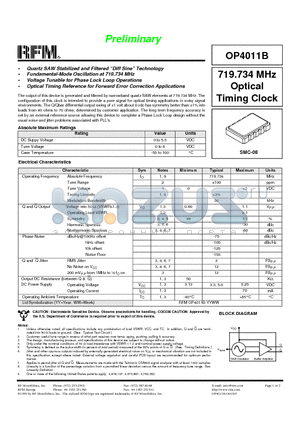 OP4011B datasheet - 719.734 MHz Optical Timing