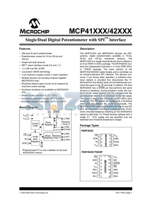 MCP42010 datasheet - Single/Dual Digital Potentiometer with SPI Interface