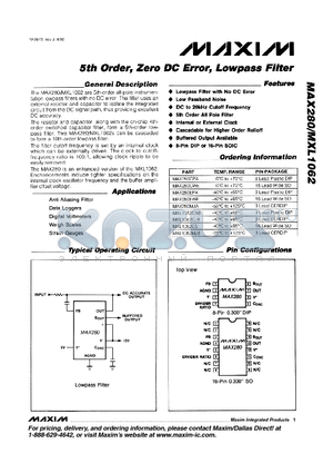 MXL1062 datasheet - 5 TH ORDER ZERO DC ERROR LOW PASS FILTER