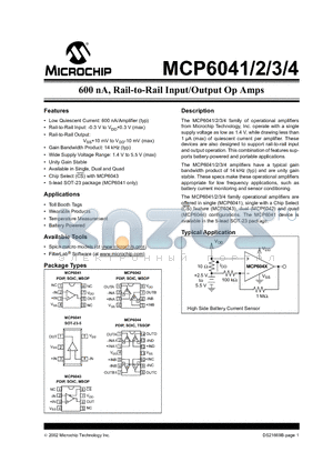 MCP6041 datasheet - 600 nA, Rail-to-Rail Input/Output Op Amps