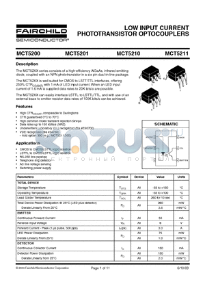 MCT5211 datasheet - LOW INPUT CURRENT PHOTOTRANSISTOR OPTOCOUPLERS