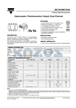 MCT6H datasheet - Optocoupler, Phototransistor Output, Dual Channel