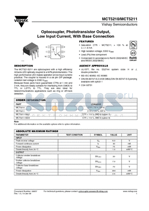 MCT5211-X009 datasheet - Optocoupler, Phototransistor Output, Low Input Current, With Base Connection