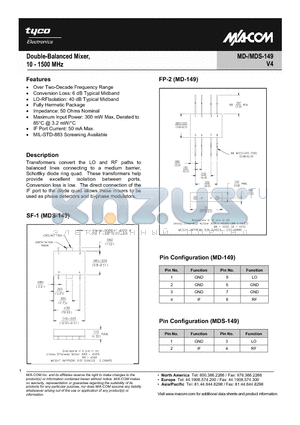 MD-149PIN datasheet - Double-Balanced Mixer, 10 - 1500 MHz