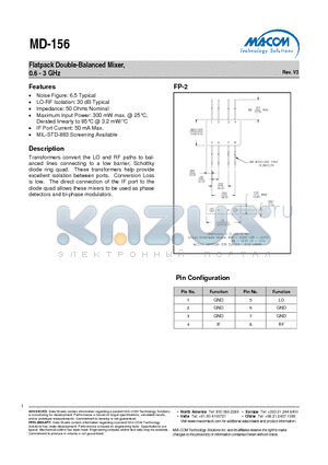 MD-156 datasheet - Flatpack Double-Balanced Mixer, 0.6 - 3 GHz