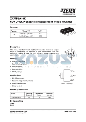 ZXMP6A16KTC datasheet - 60V DPAK P-channel enhancement mode MOSFET