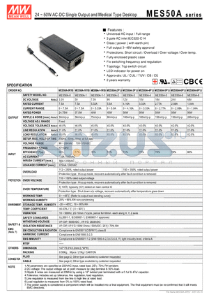 MES50A-4P1J datasheet - 24 ~ 50WAC-DC Single Output and Medical Type Desktop