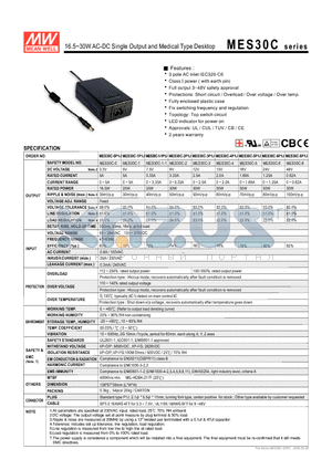 MES30C-6P1J datasheet - 16.5~30WAC-DC Single Output and Medical Type Desktop