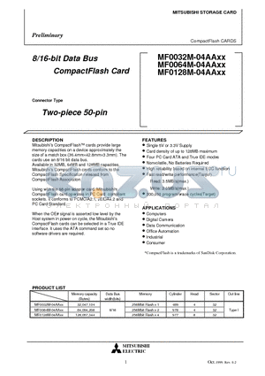 MF0032M-04AAXX datasheet - 8/16-bit Data Bus CompactFlash Card