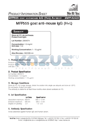 MFP555 datasheet - GOAT ANTI ANTI-MOUSE IGG G (HL) A ANTIBODY