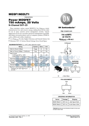 MGSF1N02LT1 datasheet - Power MOSFET 750 mAmps, 20 Volts