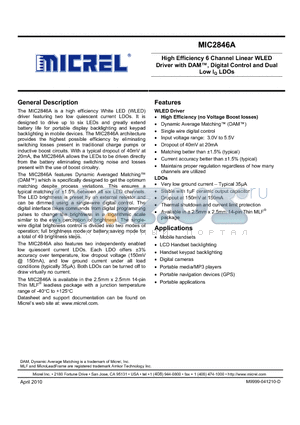 MIC2846A-PPYMT datasheet - High Efficiency 6 Channel Linear WLED Driver with DAM, Digital Control and Dual Low IQ LDOs