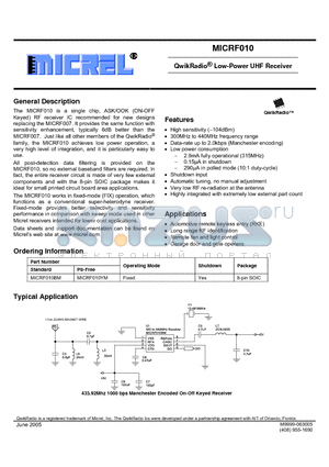 MICRF010YM datasheet - QwikRadio Low-Power UHF Receiver