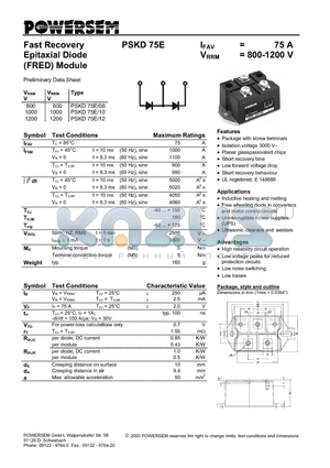 PSKD75E-12 datasheet - Fast Recovery Epitaxial Diode (FRED) Module
