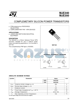MJE350 datasheet - COMPLEMETARY SILICON POWER TRANSISTORS