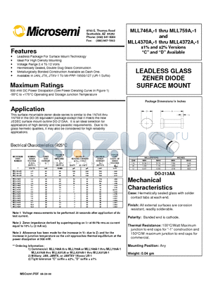 MLL750A datasheet - LEADLESS GLASS ZENER DIODE SURFACE MOUNT