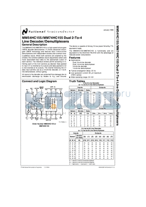 MM74HC155 datasheet - Dual 2 - To - 4  Line Decoder-Demultiplexers