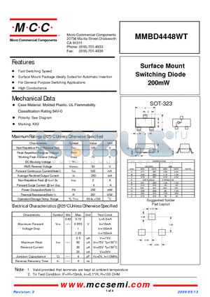 MMBD4448WT datasheet - Surface Mount Switching Diode 200mW