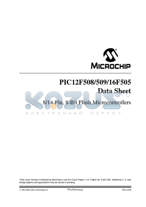 PIC12F508 datasheet - 8/14-Pin, 8-Bit Flash Microcontrollers