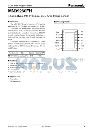 MN39260FH datasheet - 4.5 mm (type-1/4) 810k-pixel CCD Area Image Sensor