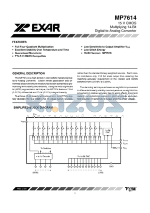 MP7614KN datasheet - 15 V CMOS Multiplying 14-Bit Digital-to-Analog Converter