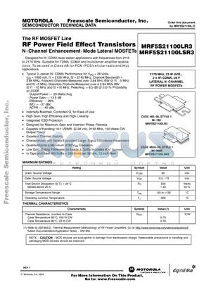 MRF5S21100LSR3 datasheet - The RF MOSFET Line RF Power Field Effect N-Channel Enhancement-Mode Lateral MOSFETs