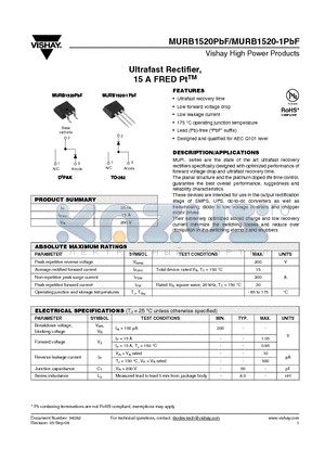 MURB1520-1TRLPBF datasheet - Ultrafast Rectifier, 15 A FRED PtTM