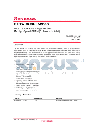 R1RW0408DI datasheet - Wide Temperature Range Version 4M High Speed SRAM (512-kword  8-bit)