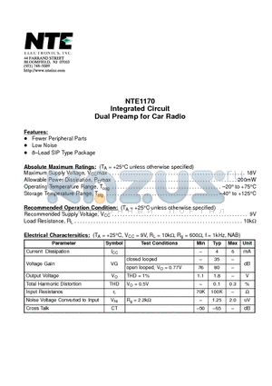 NTE1170 datasheet - Integrated Circuit Dual Preamp for Car Radio