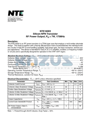 NTE16003 datasheet - Silicon NPN Transistor RF Power Output, PO = 7W, 175MHz