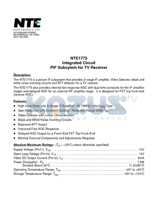 NTE1775 datasheet - Integrated Circuit PIF Subsytem for TV Receiver